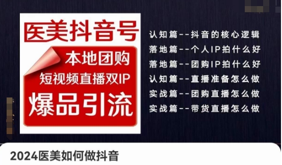 2024医疗美容怎么做抖音医疗美容抖音帐号，本地团购、短视频带货双ip爆款引流方法，实际操作落地式课-网创e学堂