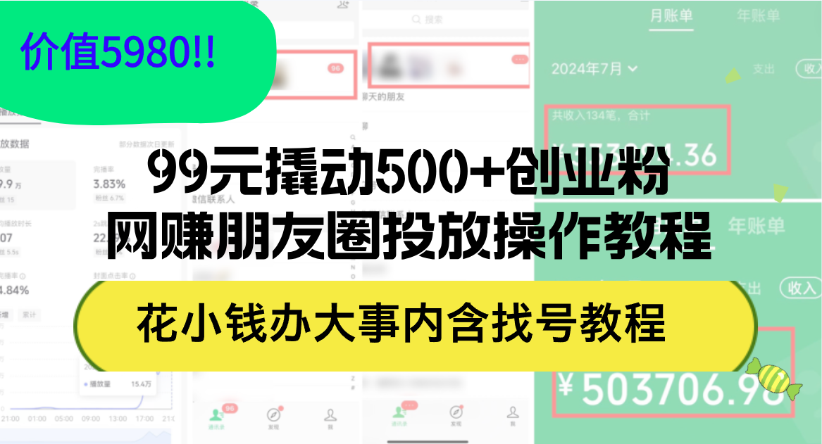 （12431期）99元撬动500+创业粉，网赚朋友圈投放操作教程价值5980！花小钱办大事内…-中创网_分享中创网创业资讯_最新网络项目资源-网创e学堂