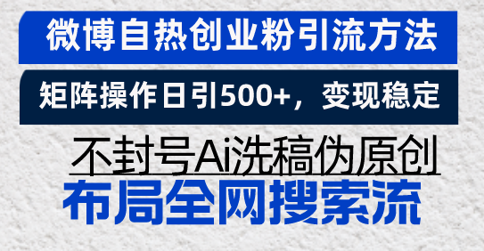 （13460期）微博自热创业粉引流方法，矩阵操作日引500+，变现稳定，不封号Ai洗稿伪…-中创网_分享中创网创业资讯_最新网络项目资源-网创e学堂