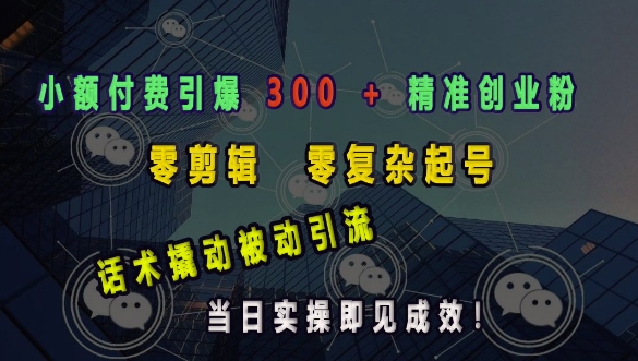 小额付费引爆 300 + 精准创业粉，零剪辑、零复杂起号，话术撬动被动引流，当日实操即见成效-中创网_分享中创网创业资讯_最新网络项目资源-网创e学堂