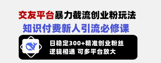 交友平台暴力截流创业粉玩法，知识付费新人引流必修课，日稳定300+精准创业粉丝，逻辑相通可多平台放大-中创网_分享中创网创业资讯_最新网络项目资源-网创e学堂